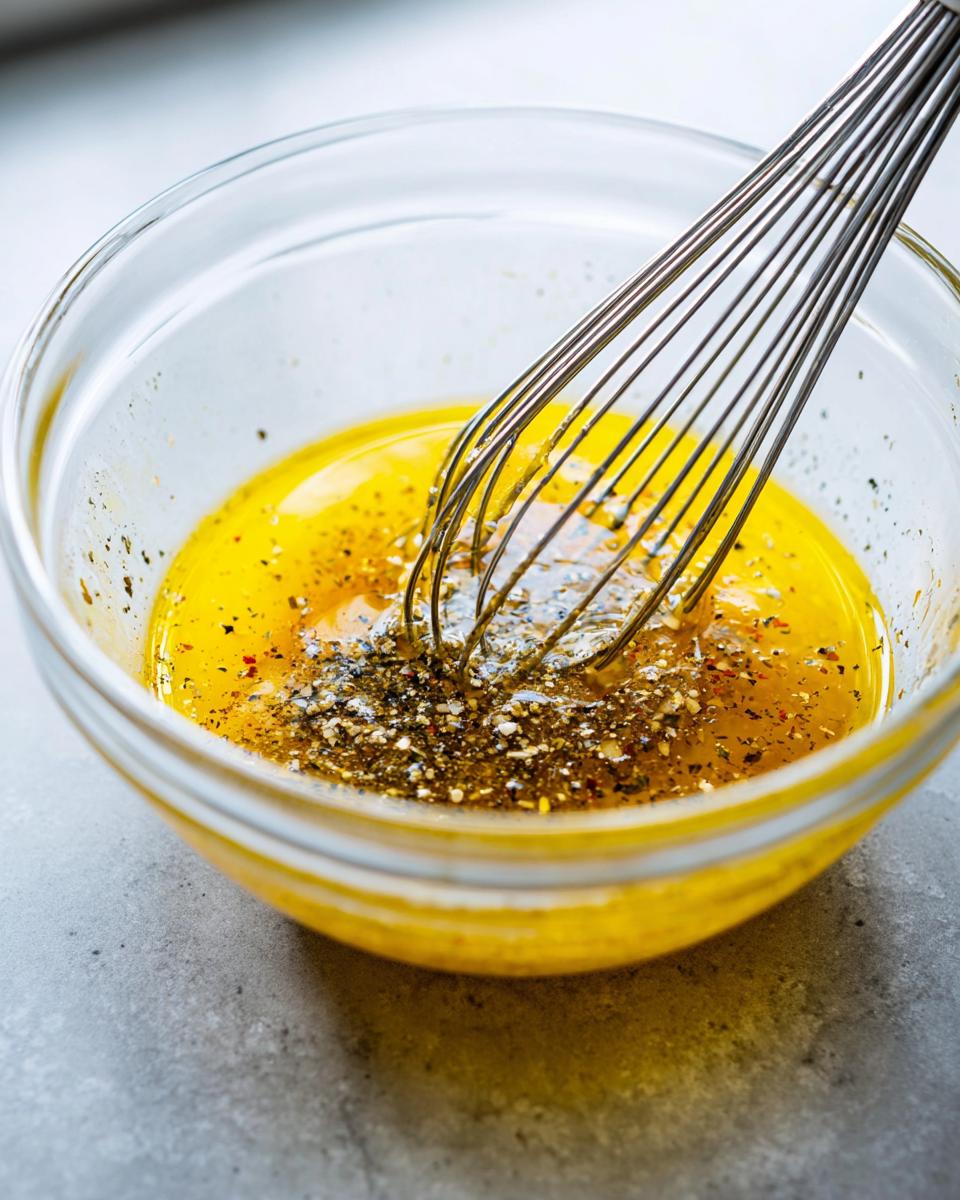 Close-up of whisk mixing oil and spices for a flavorful chicken marinade in a clear glass bowl.