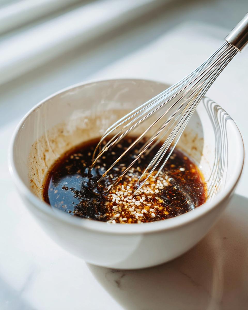 Close-up of a dark, savory MARINADE FOR TUNA STEAK being whisked in a white bowl with visible sesame seeds.