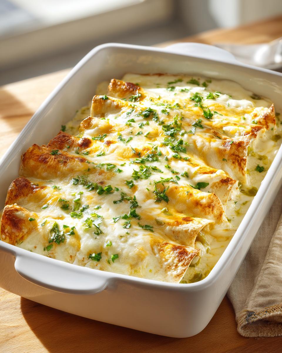 A white baking dish filled with bubbling white chicken enchiladas topped with melted cheese and fresh parsley.