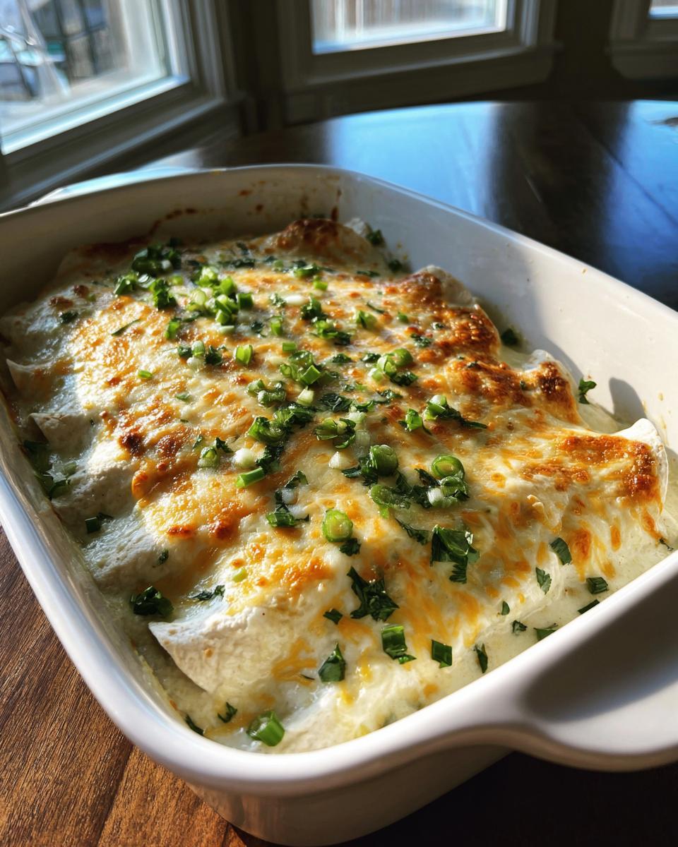A close-up of freshly baked white chicken enchiladas covered in melted, browned cheese and green onions.