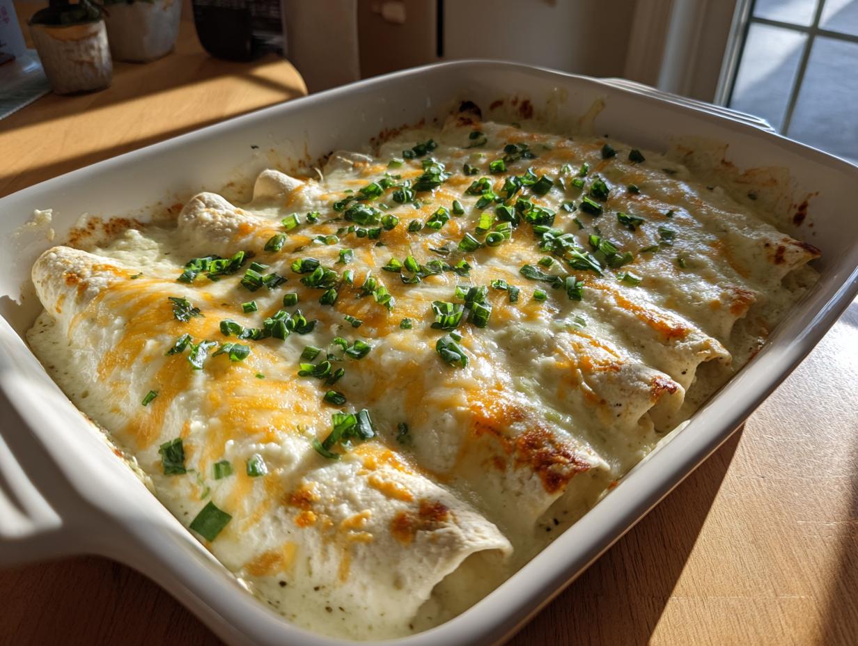A close-up of freshly baked white chicken enchiladas covered in creamy sauce and melted cheese, garnished with chopped chives.