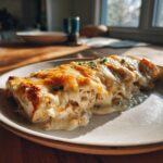 Close-up of a serving of white chicken enchiladas smothered in melted, bubbly cheese.
