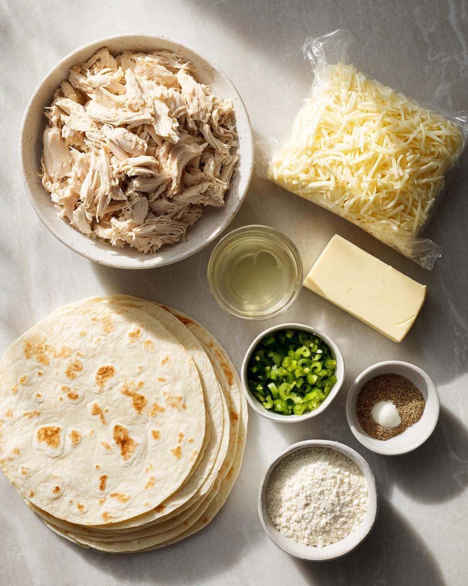 Overhead view of ingredients for white chicken enchiladas, including shredded chicken, tortillas, cheese, and spices.