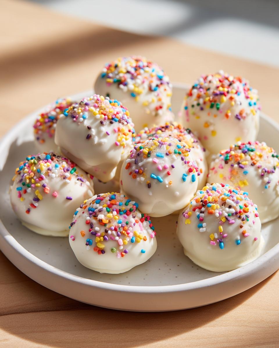 A plate of white chocolate coated sugar cookie truffles generously topped with colorful rainbow sprinkles.