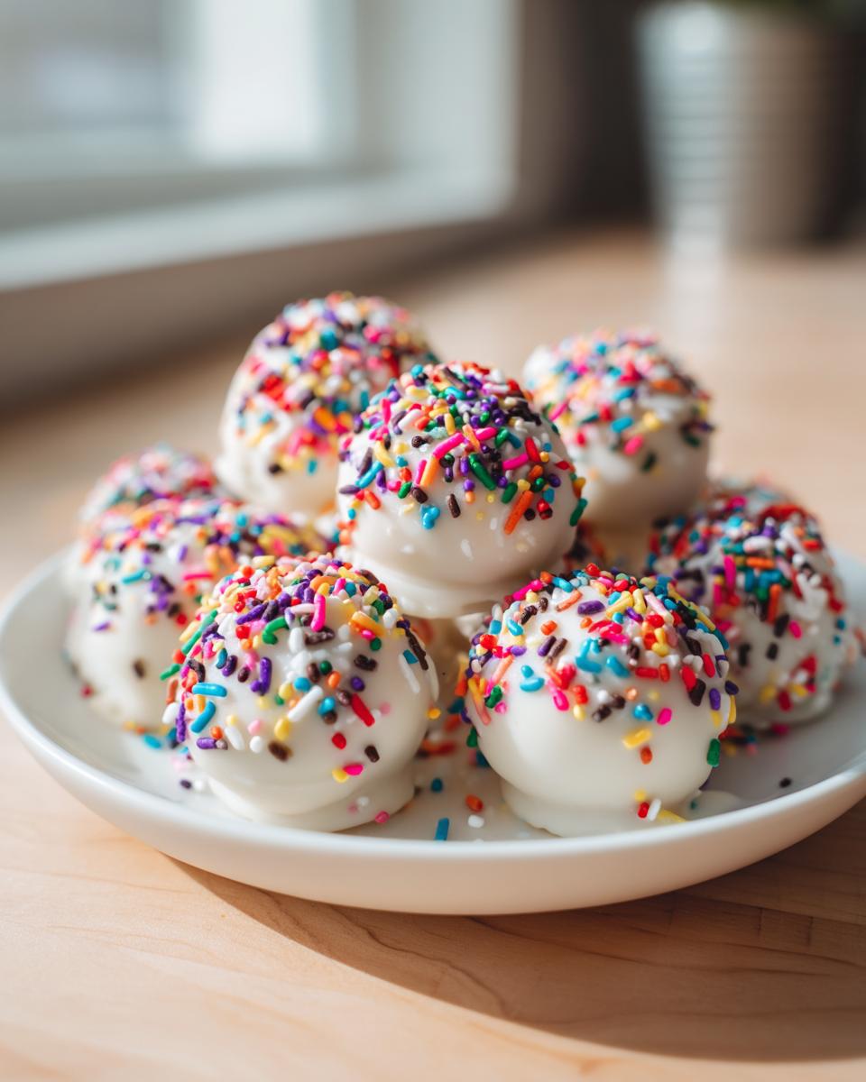 A plate of white chocolate coated sugar cookie truffles generously topped with colorful rainbow sprinkles.