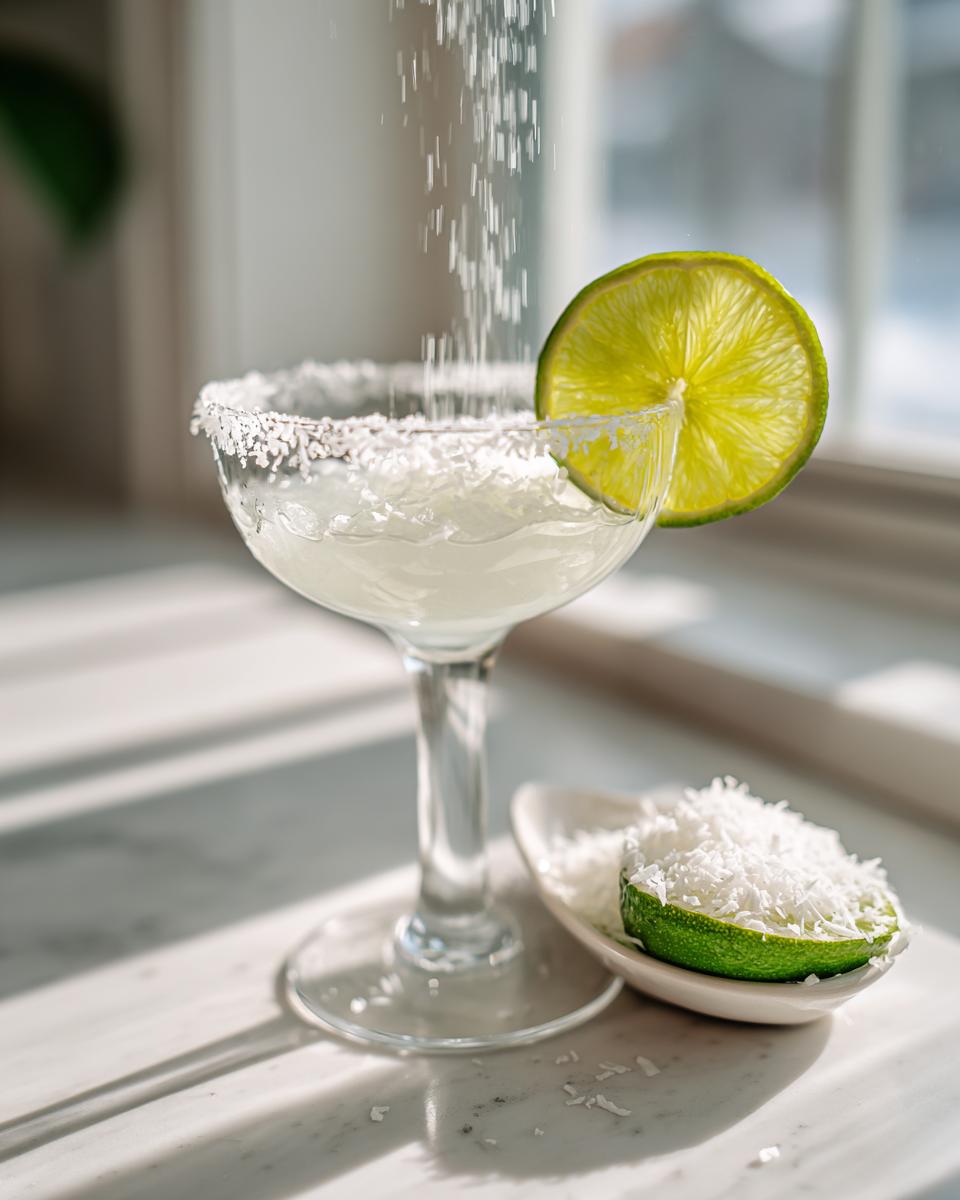 A white Christmas margarita being garnished with falling coconut flakes, rimmed with sugar, and garnished with a lime wheel.