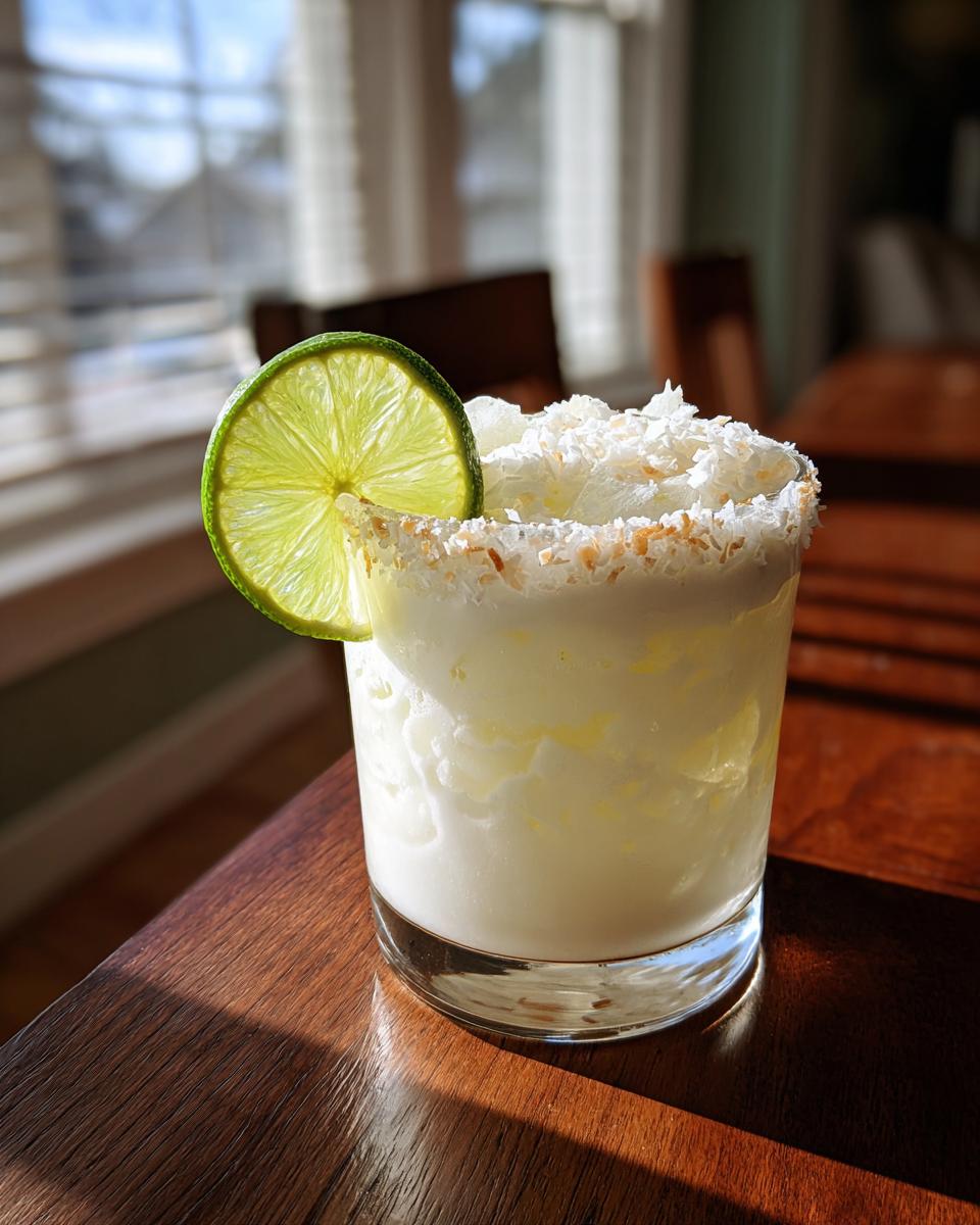 A frosty white christmas margarita garnished with a lime wheel and toasted coconut rim.