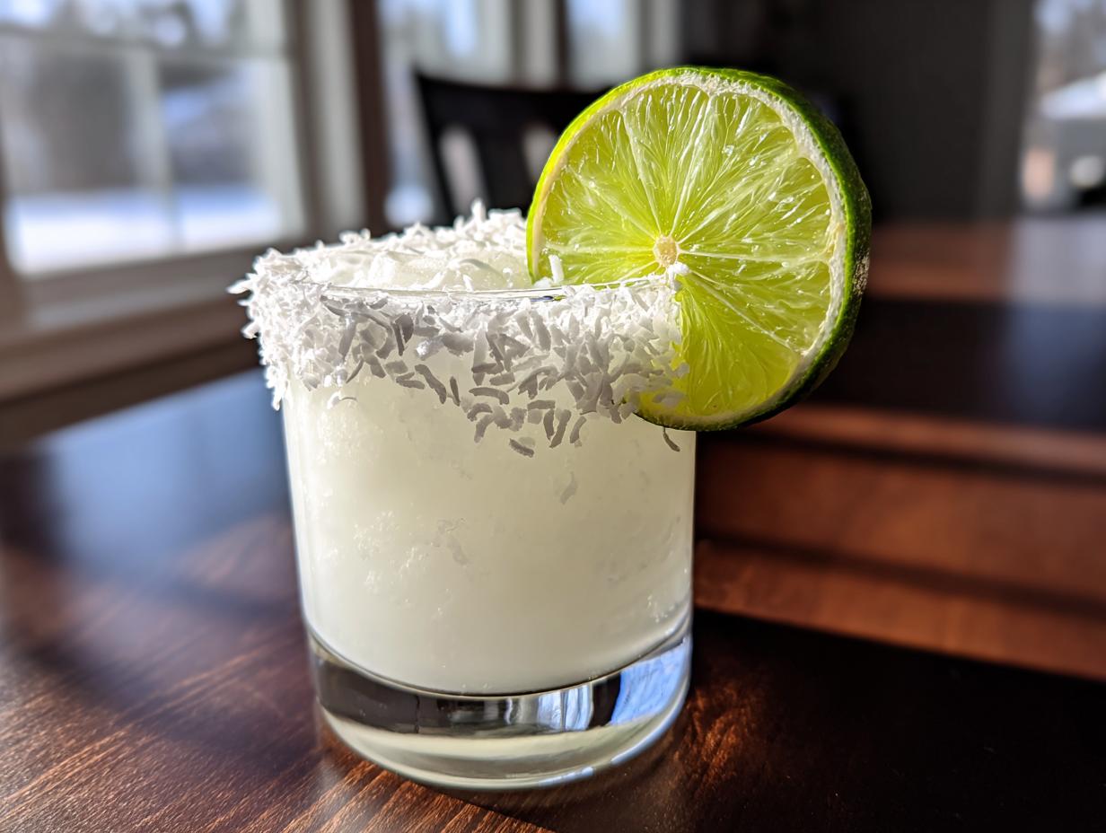 A frosty white Christmas margarita garnished with shredded coconut on the rim and a fresh lime wheel.