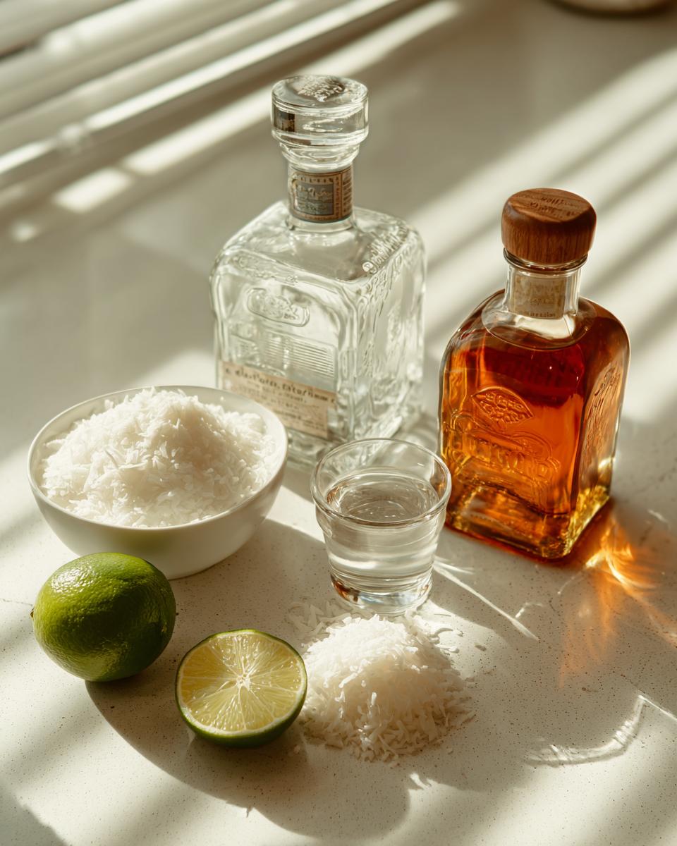 Ingredients laid out for a white Christmas margarita, including two bottles of tequila, limes, shredded coconut, and a shot of clear liquid.
