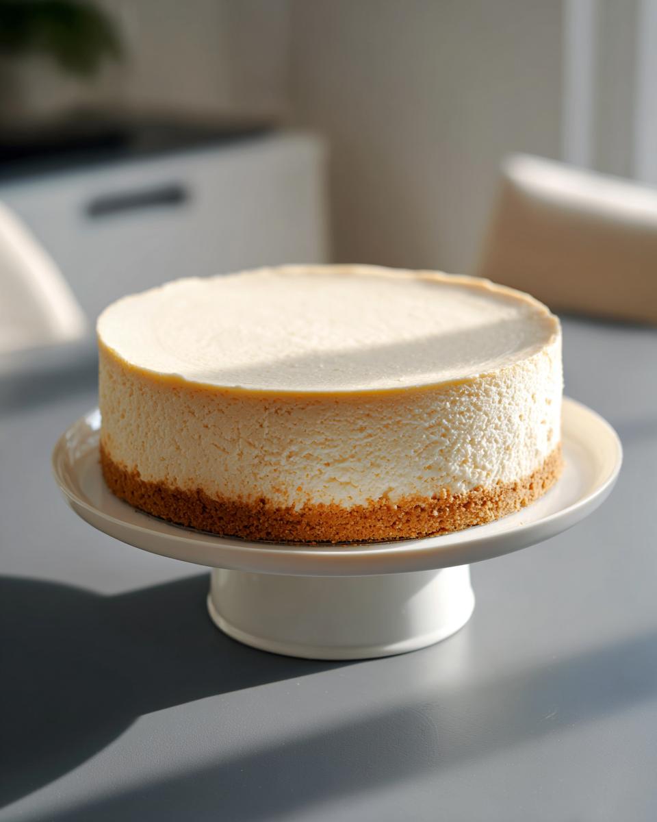 A whole, un-sliced new york cheesecake with a thick graham cracker crust, displayed on a white pedestal cake stand.
