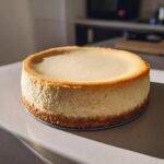 A whole, perfectly baked new york cheesecake with a golden top and thick graham cracker crust sitting on a light countertop.