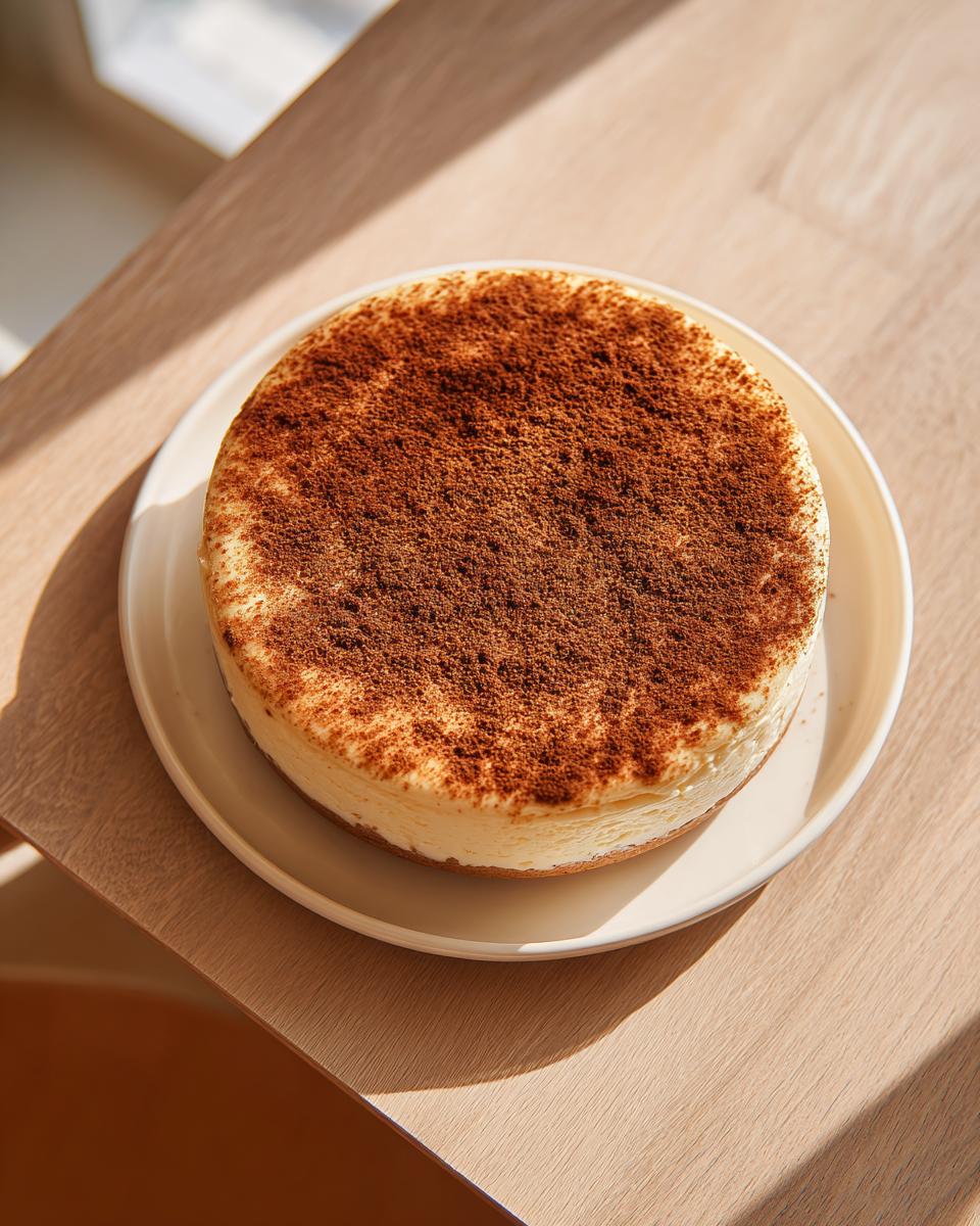 A whole snickerdoodle cheesecake dusted heavily with cinnamon powder, sitting on a white plate on a wooden table.