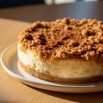 A whole snickerdoodle cheesecake with a thick cinnamon streusel topping, sitting on a speckled plate.
