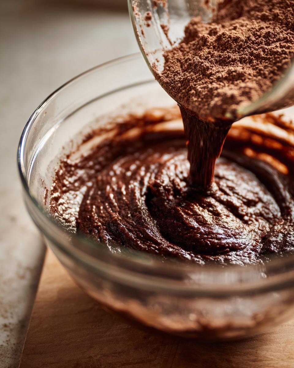 Adding dry cocoa powder mixture into thick, fudgy batter for cosmic brownies in a clear glass bowl.