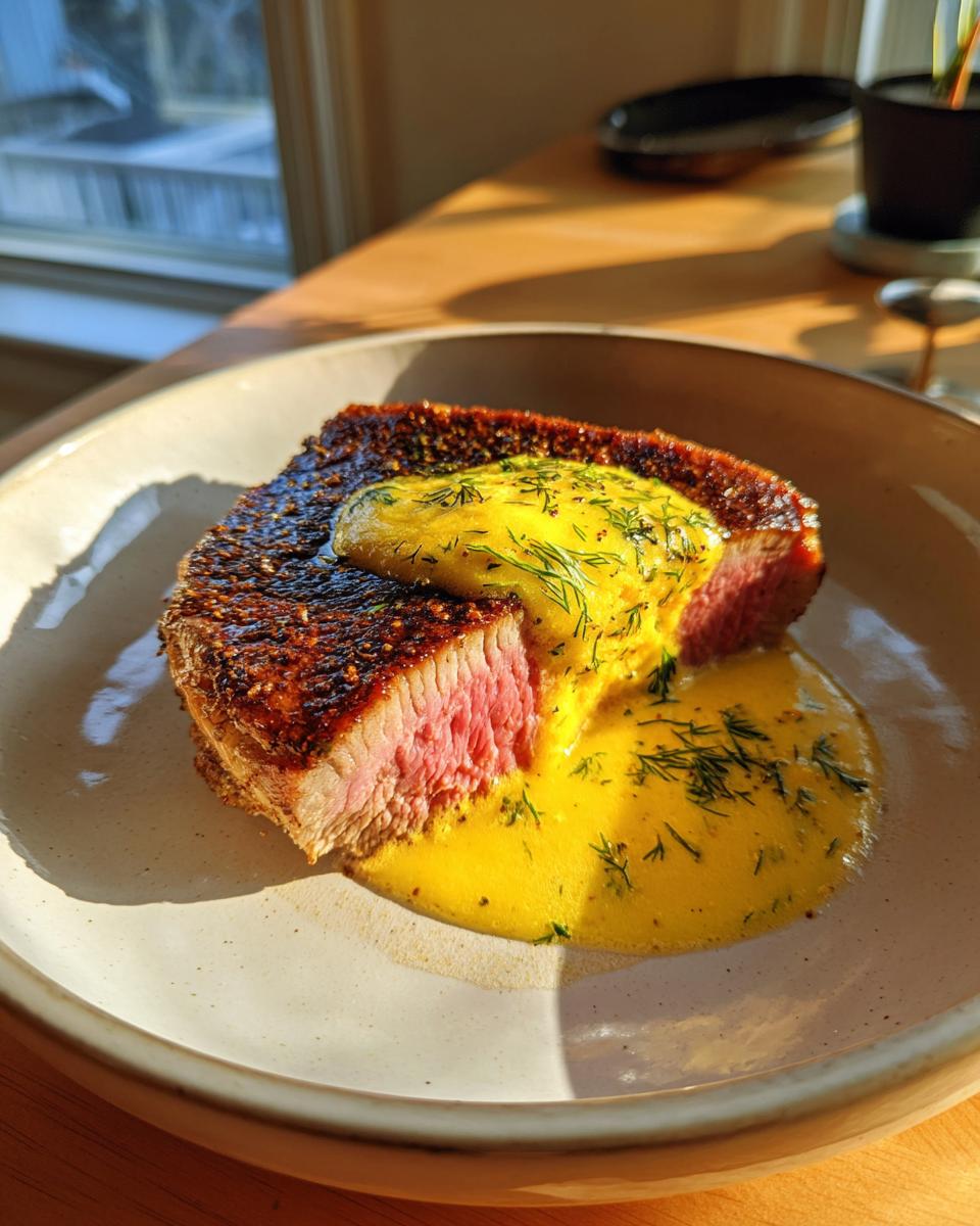 Close-up of a medium-rare air fryer tuna steak topped with bright yellow sauce and fresh dill.