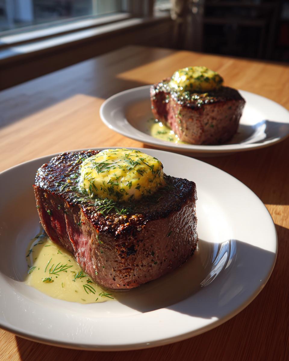 Close-up of a thick, seared air fryer tuna steak topped with melting herb butter on a white plate.