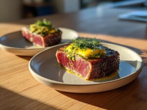 Close-up of a perfectly seared air fryer tuna steak, rare in the center, topped with yellow sauce and fresh dill.