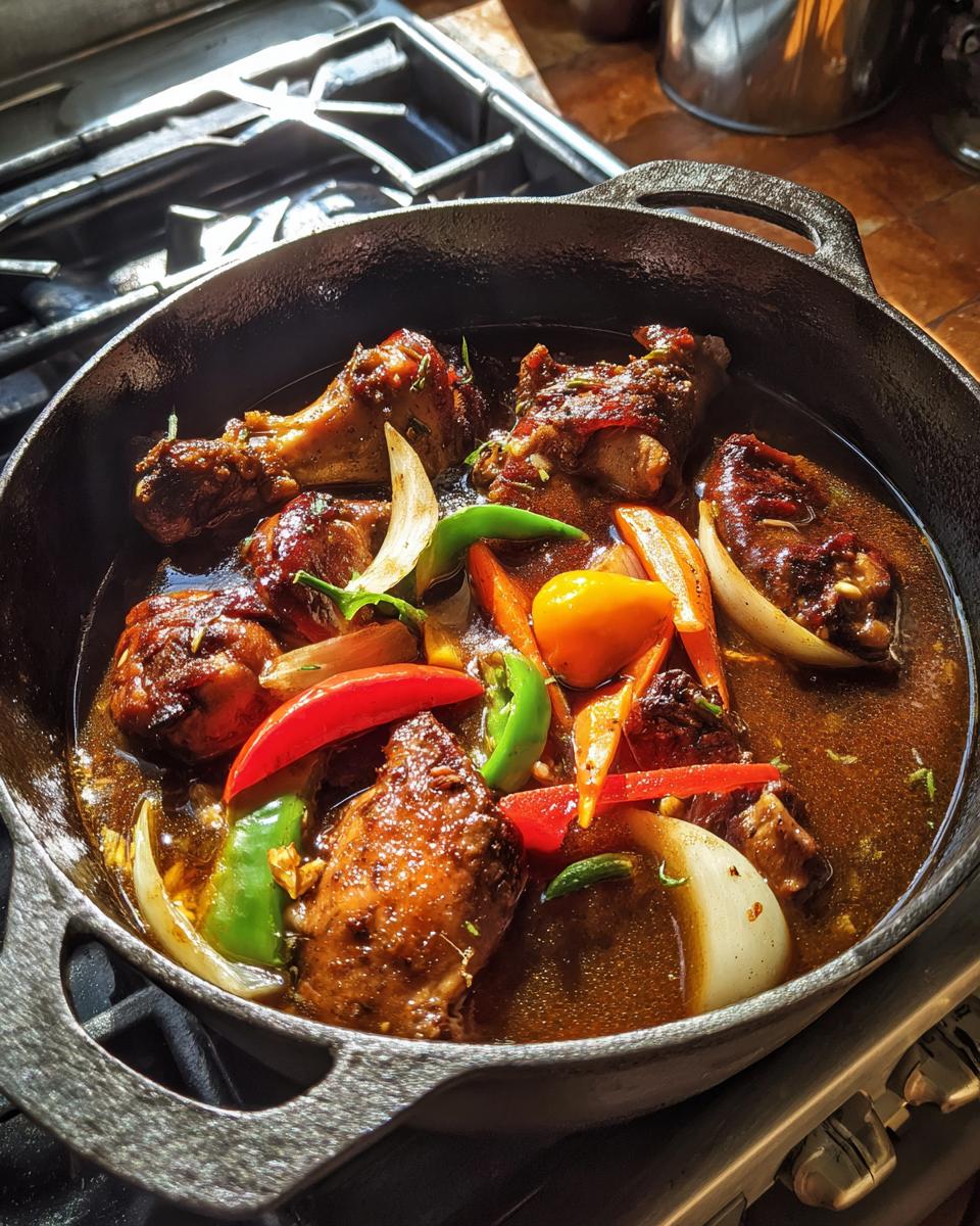 Close-up of flavorful brown stew chicken simmering with carrots and peppers in a dark cast iron skillet.