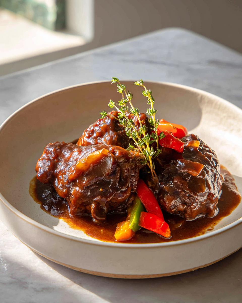 Three pieces of rich, dark brown stew chicken covered in savory sauce, garnished with thyme and peppers.