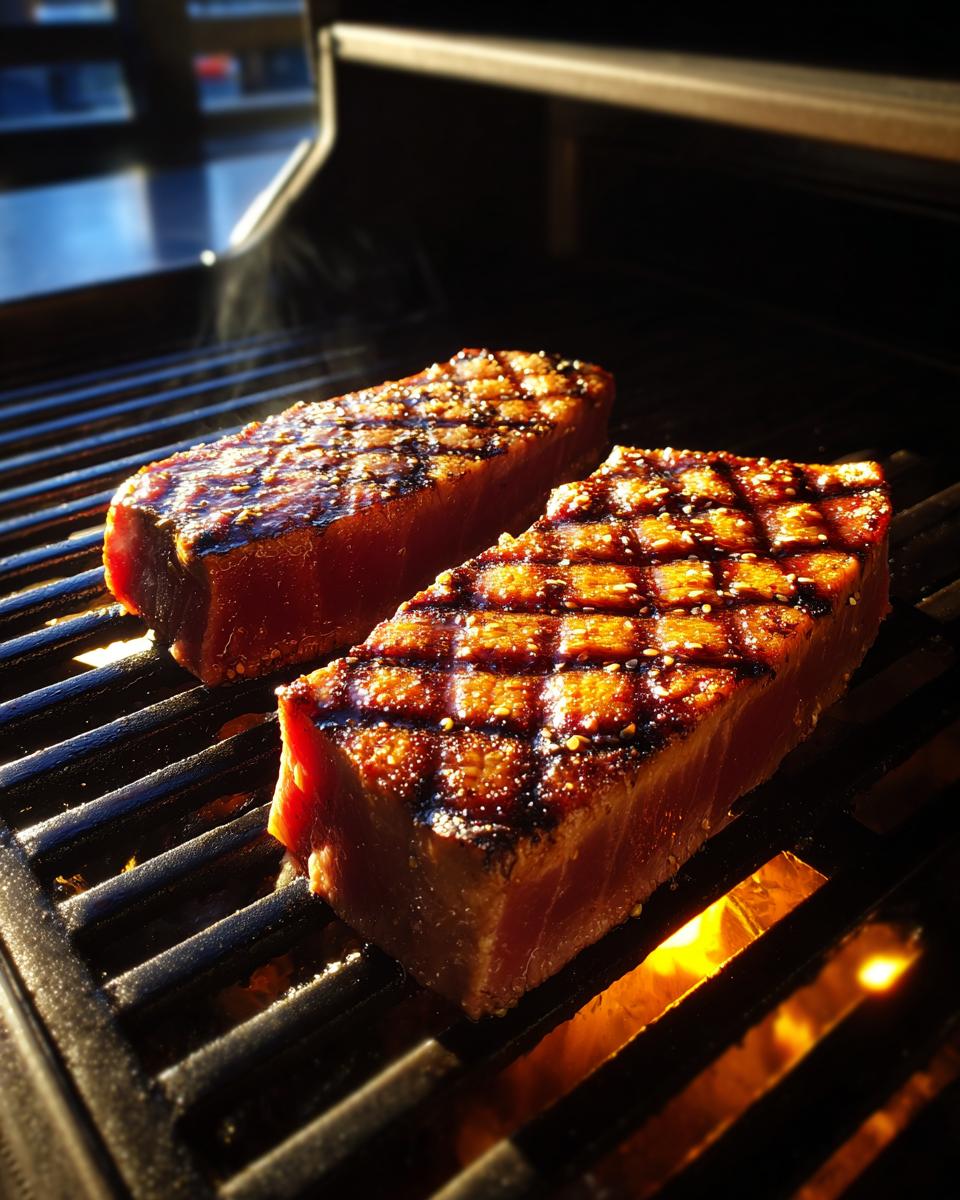 Two thick cuts of tuna steak searing on a hot grill, showing perfect sear marks and sesame seeds.