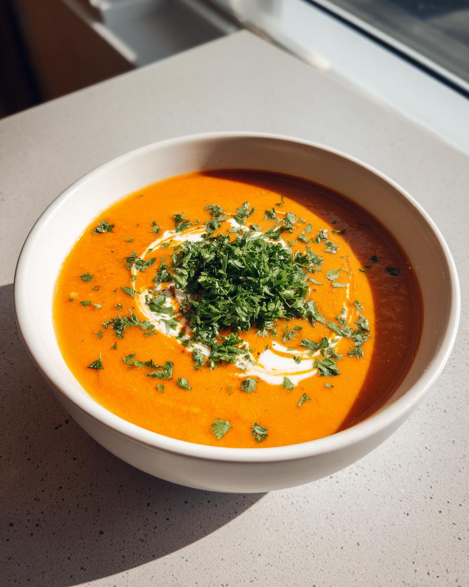Close-up of a vibrant orange roasted vegetable soup garnished with cream swirl and fresh parsley.