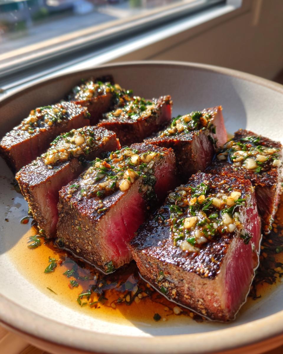 Slices of perfectly seared, rare tuna steak topped with a glistening garlic and herb sauce.