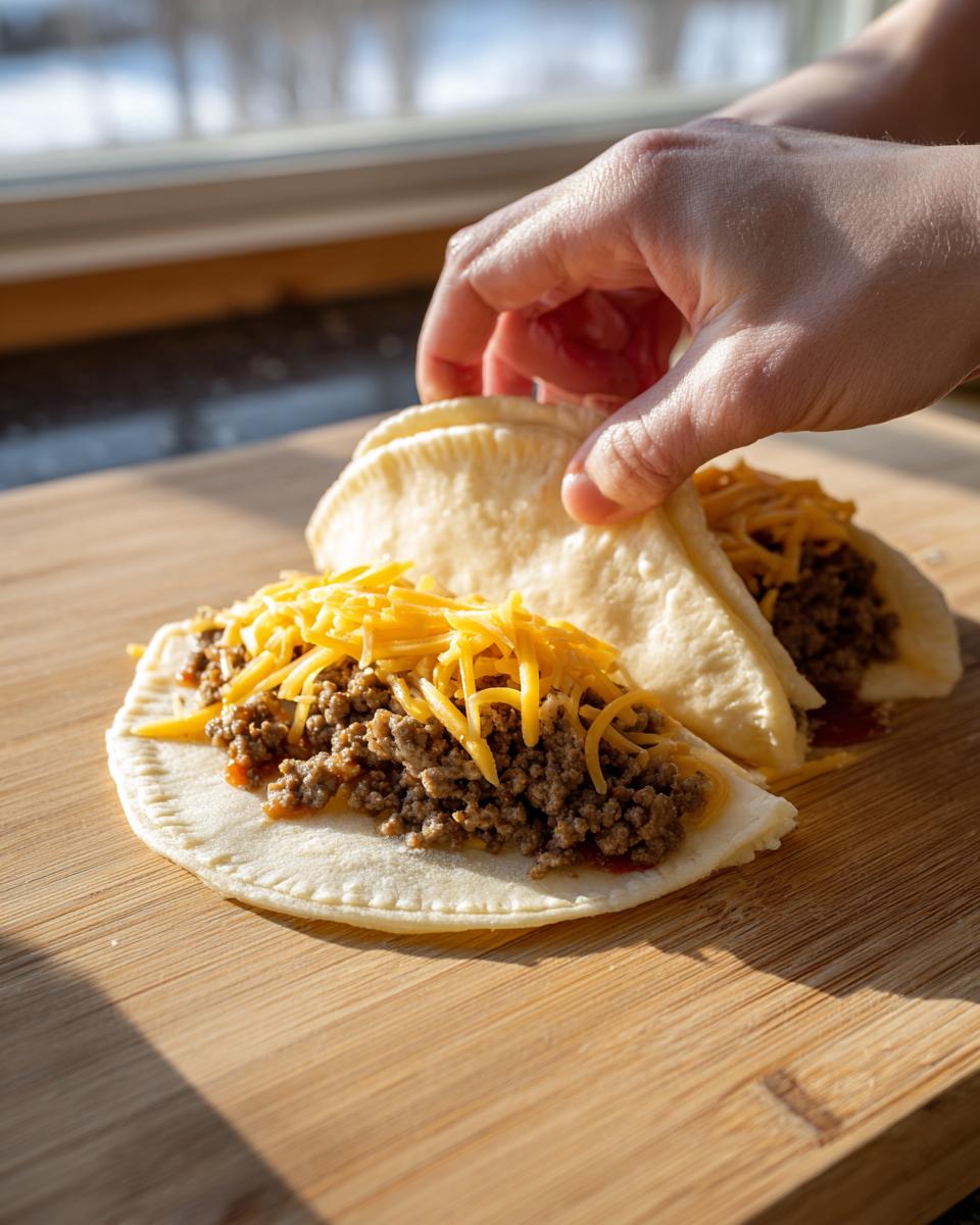 A hand assembling one of the cheeseburger pockets biscuits, filling it with seasoned ground beef and shredded cheddar cheese.