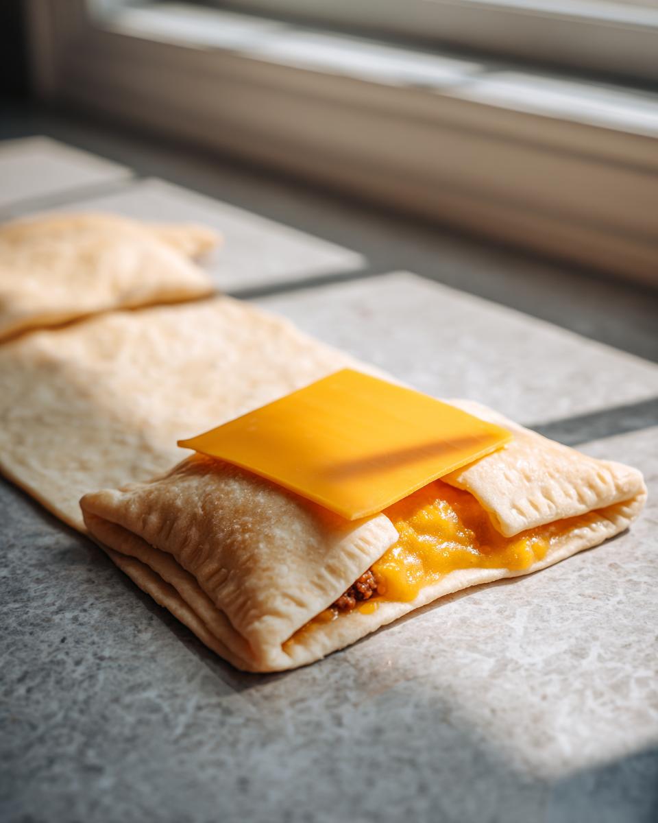 A crescent roll dough pocket filled with ground meat and cheese sauce, topped with a slice of American cheese, being prepared for baking.