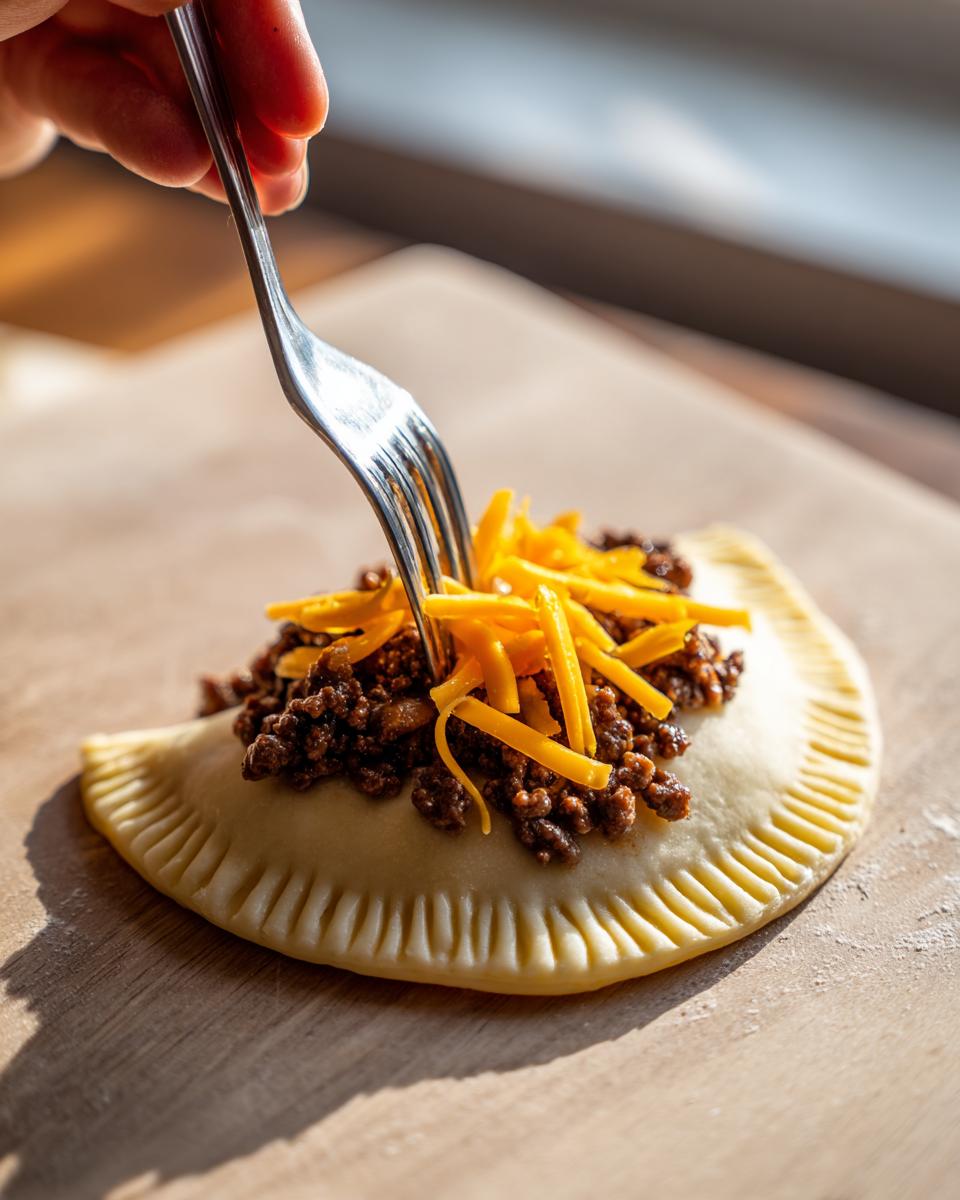 A fork adds shredded cheese atop ground beef filling inside an unbaked cheeseburger pockets dough.