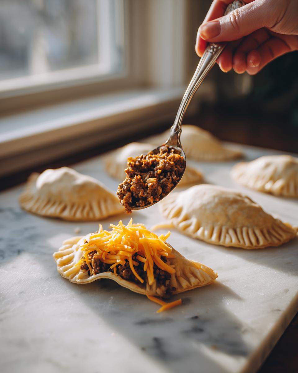 A hand spoons seasoned beef and shredded cheese into dough pockets for making cheesy cheeseburger pockets.