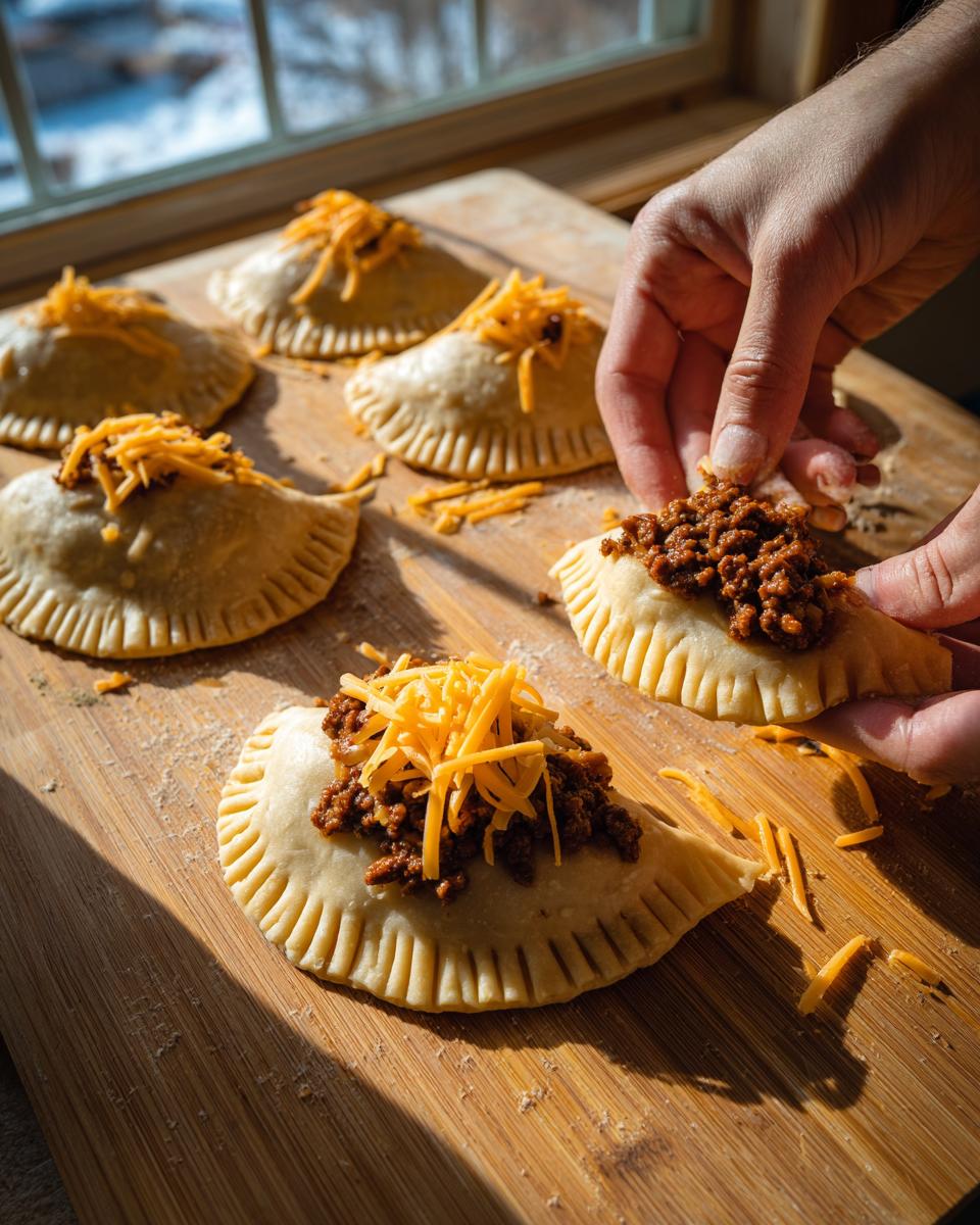 Hands assembling high protein cheeseburger pockets by adding seasoned ground beef and shredded cheese to dough pockets.