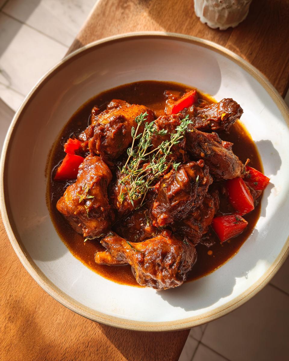 Close-up of rich, dark authentic Jamaican brown stew chicken pieces garnished with fresh thyme.