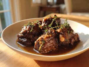 Close-up of rich, dark pieces of authentic Jamaican brown stew chicken garnished with fresh thyme sprigs.