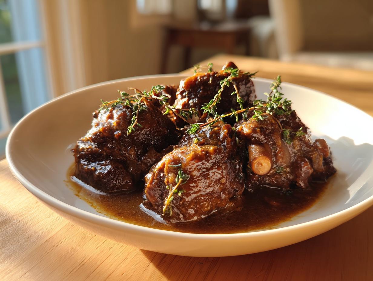 Close-up of rich, dark pieces of authentic Jamaican brown stew chicken garnished with fresh thyme sprigs.