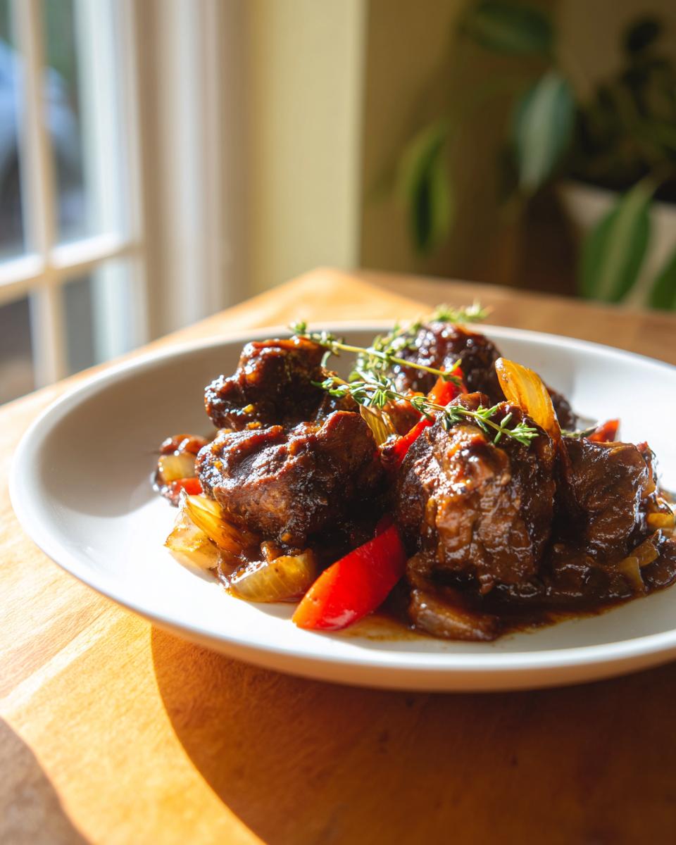 Close-up of rich, dark authentic Jamaican brown stew chicken pieces with peppers and onions.