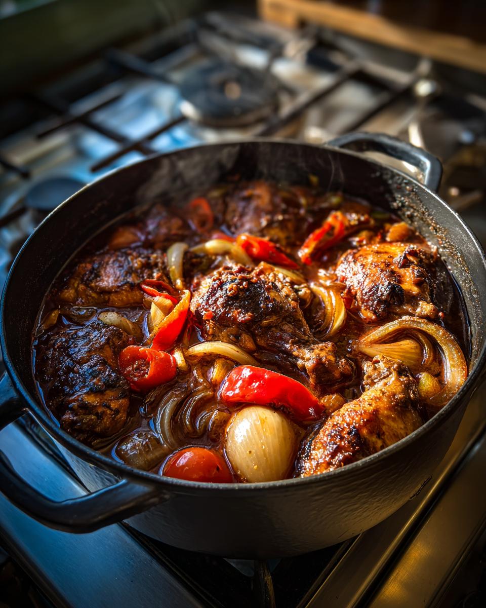 Close-up of authentic Jamaican brown stew chicken simmering in a dark cast iron pot with onions and peppers.