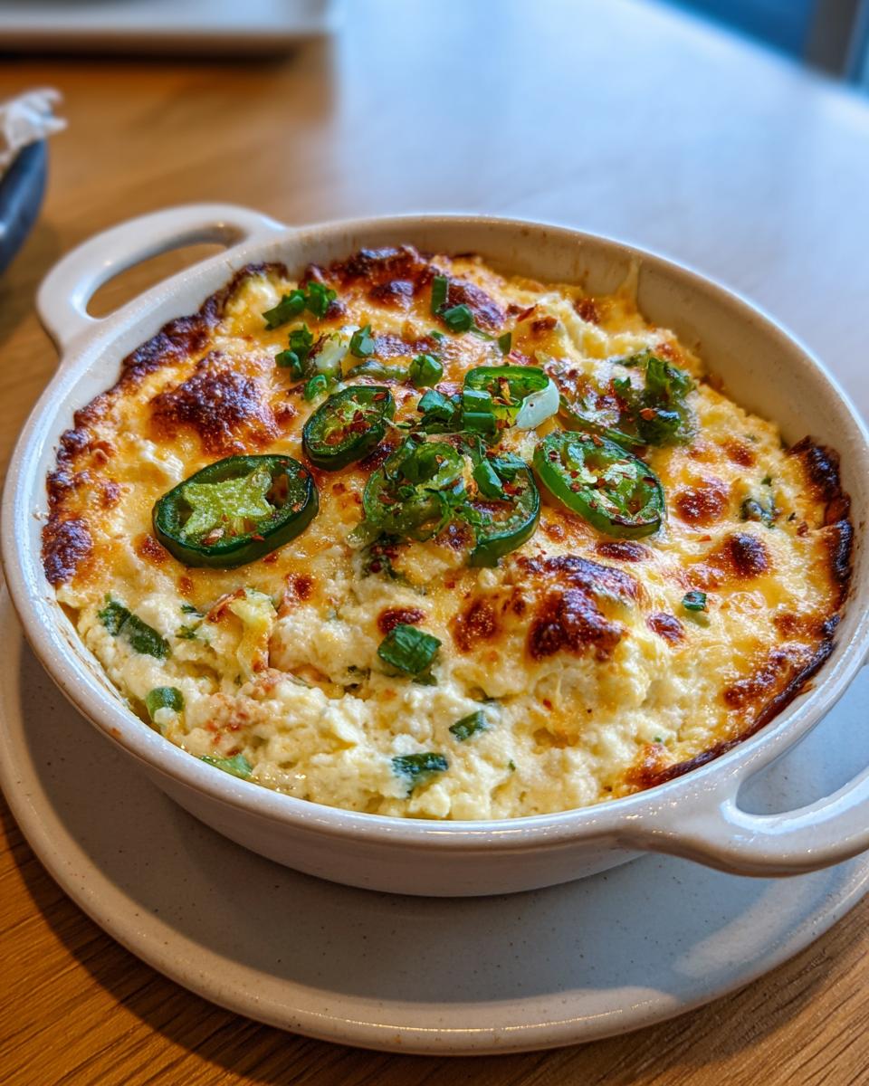 Close-up of a baked jalapeno cream cheese dip, bubbling with browned cheese and topped with fresh jalapeno slices.