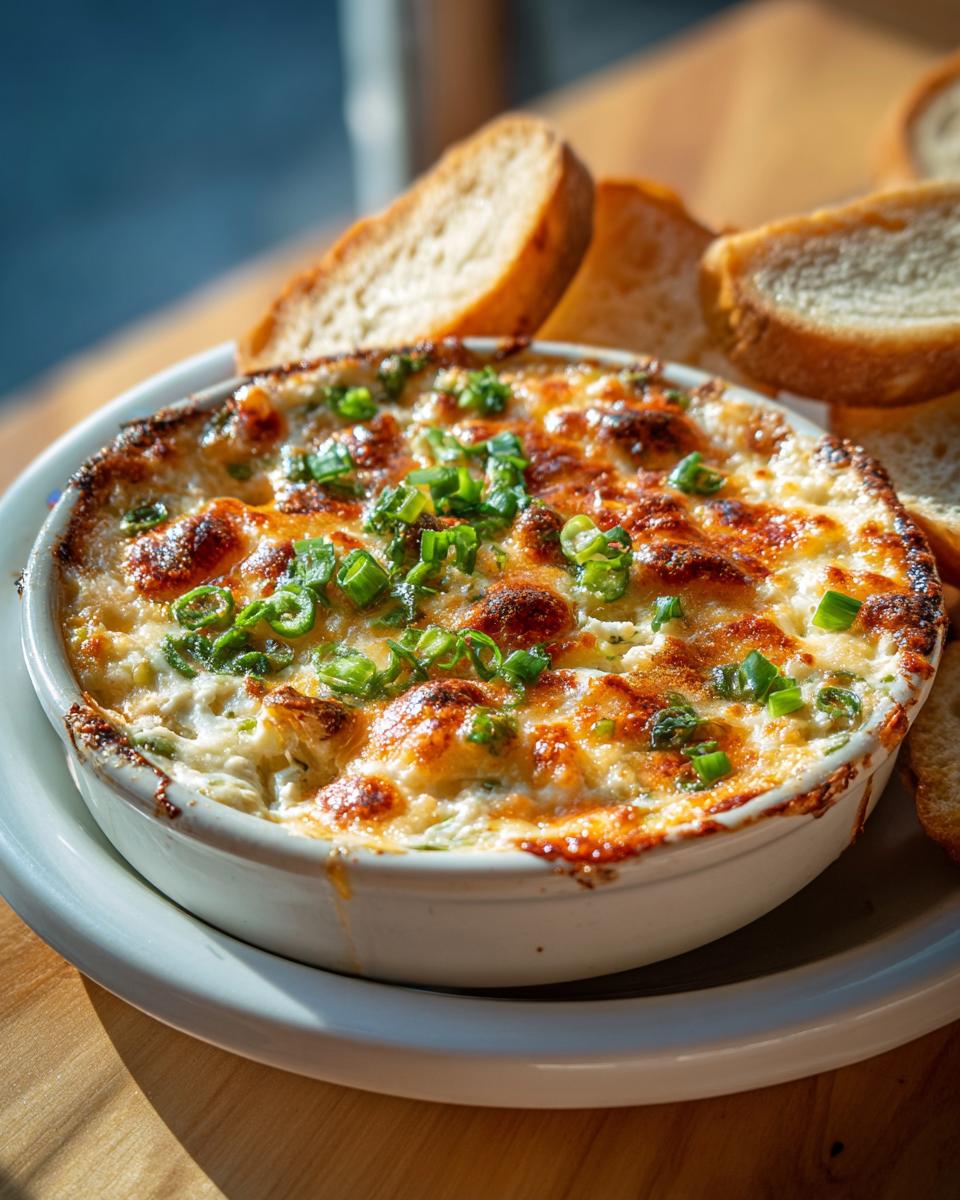 A hot, baked jalapeno cream cheese dip topped with melted cheese and green onions, served with toasted bread slices.