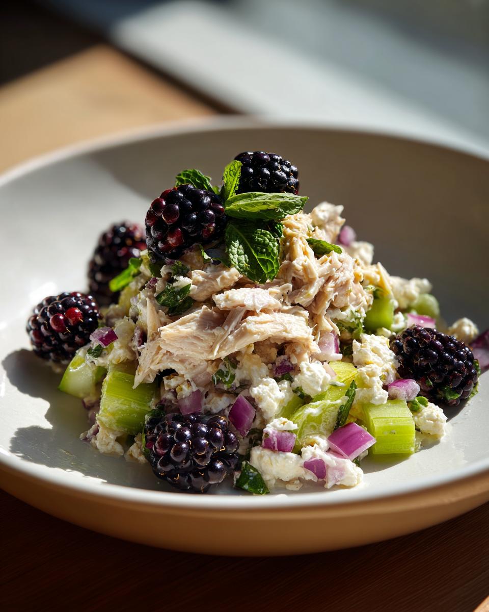 A serving of blackberry cottage cheese chicken salad featuring shredded chicken, celery, red onion, and fresh blackberries.