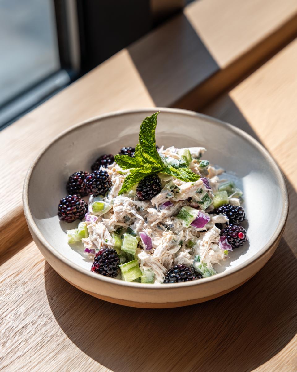 A bowl of creamy blackberry cottage cheese chicken salad mixed with cucumber and red onion, garnished with fresh blackberries and mint.