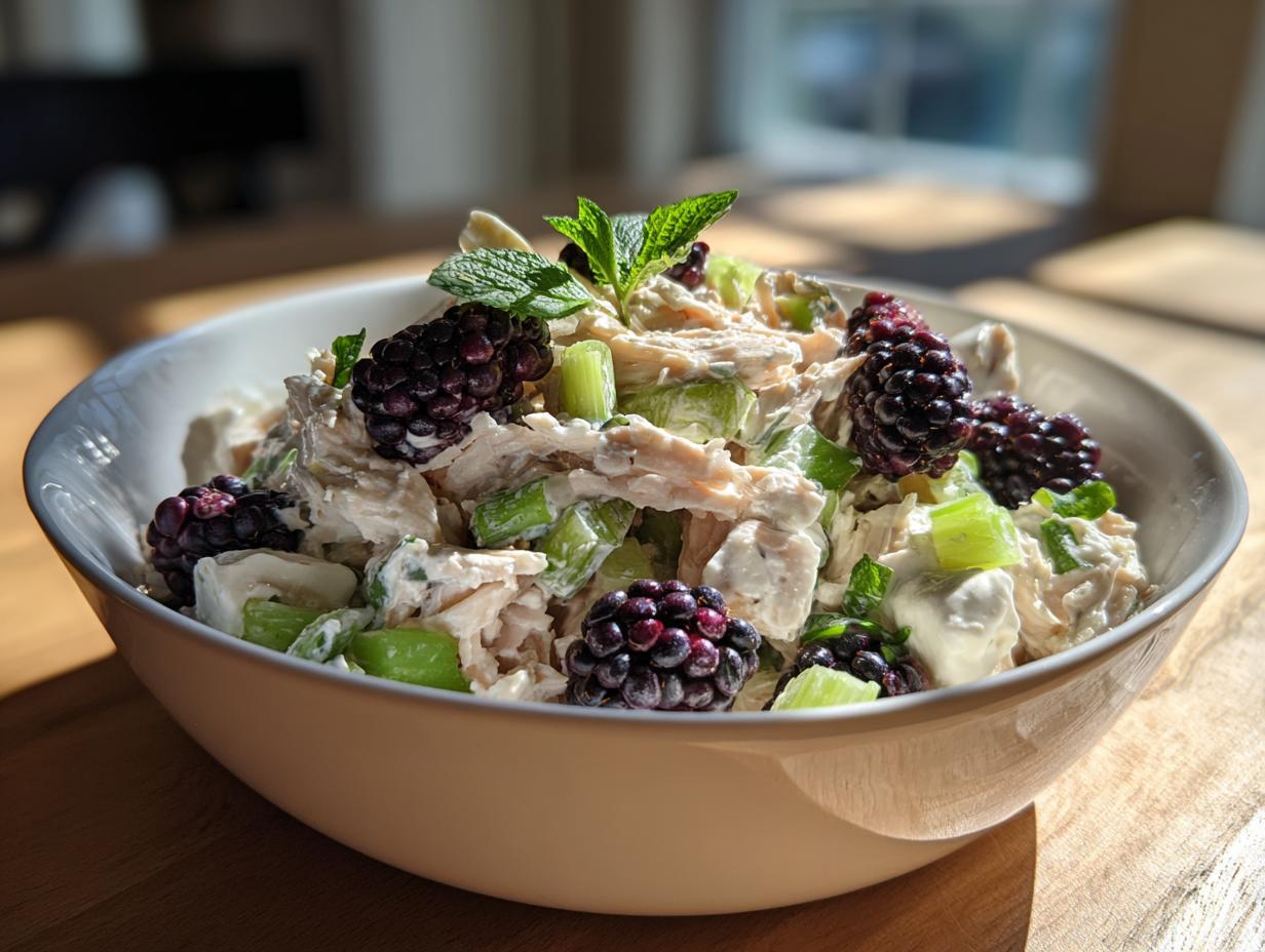 Close-up of blackberry cottage cheese chicken salad with celery and mint garnish in a white bowl.