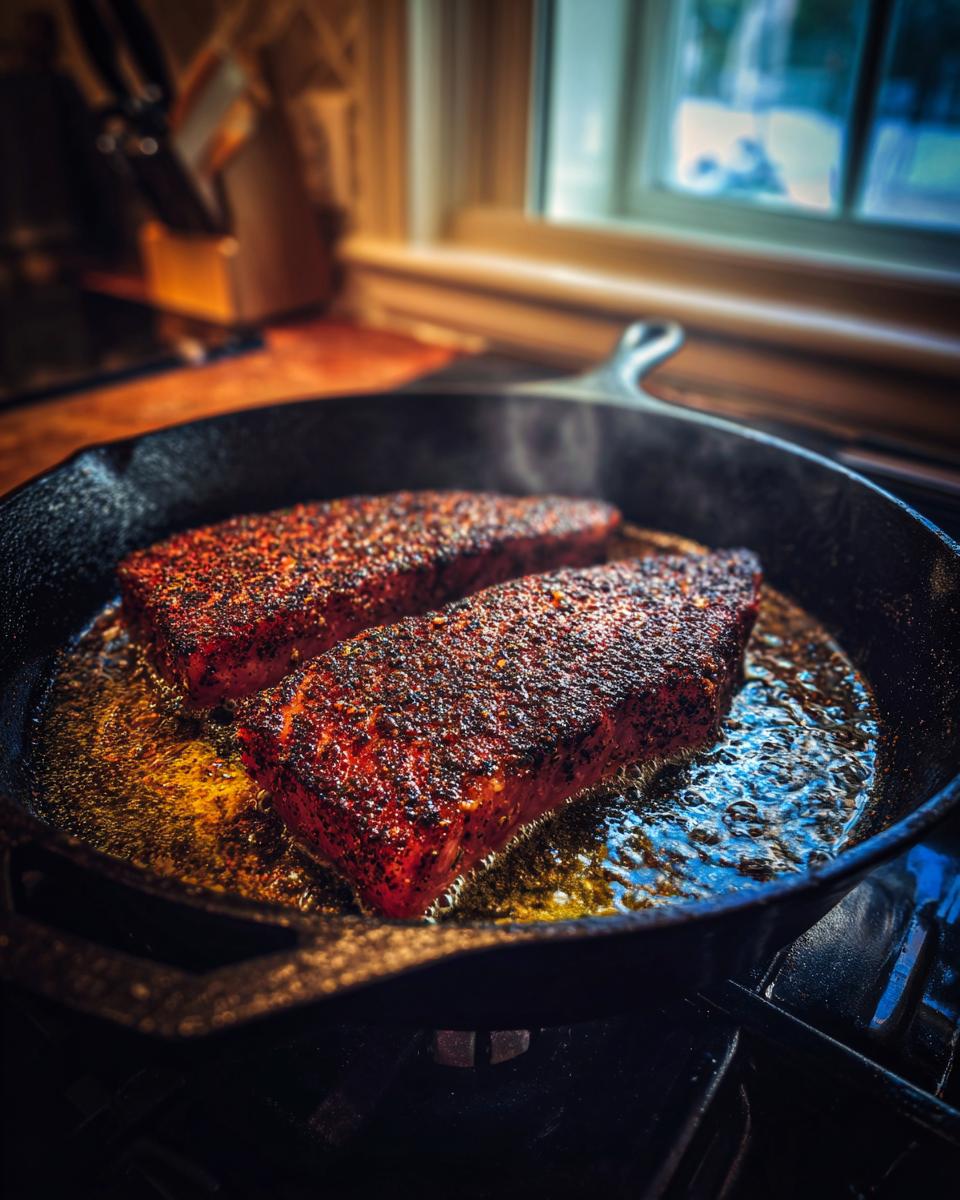 Two thick blackened tuna steak fillets searing in hot oil in a black cast iron skillet on a stovetop.