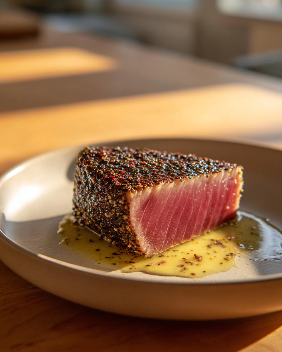 A thick slice of perfectly cooked blackened tuna steak, rare inside, resting in a light sauce.