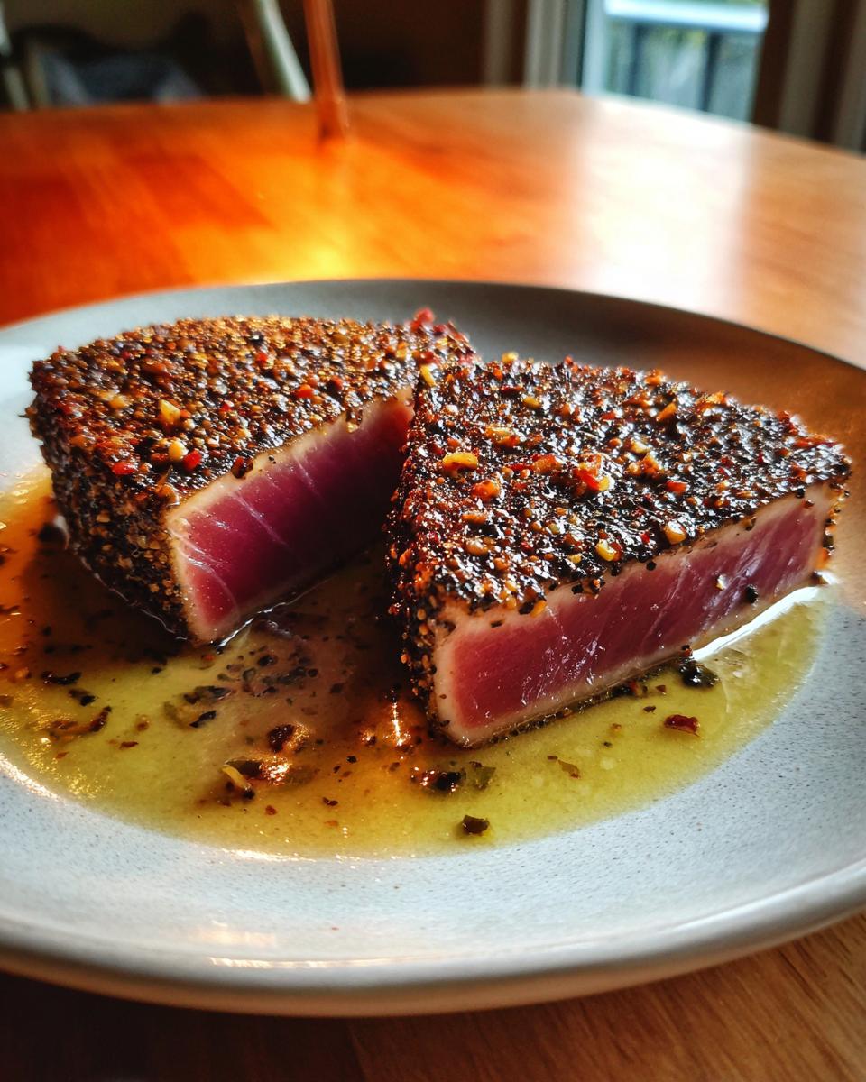 Two thick slices of perfectly cooked blackened tuna steak showing a rare, deep red center resting in pan juices.