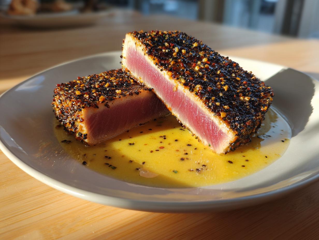 Two halves of a perfectly seared blackened tuna steak showing a rare, pink center, resting in yellow sauce.