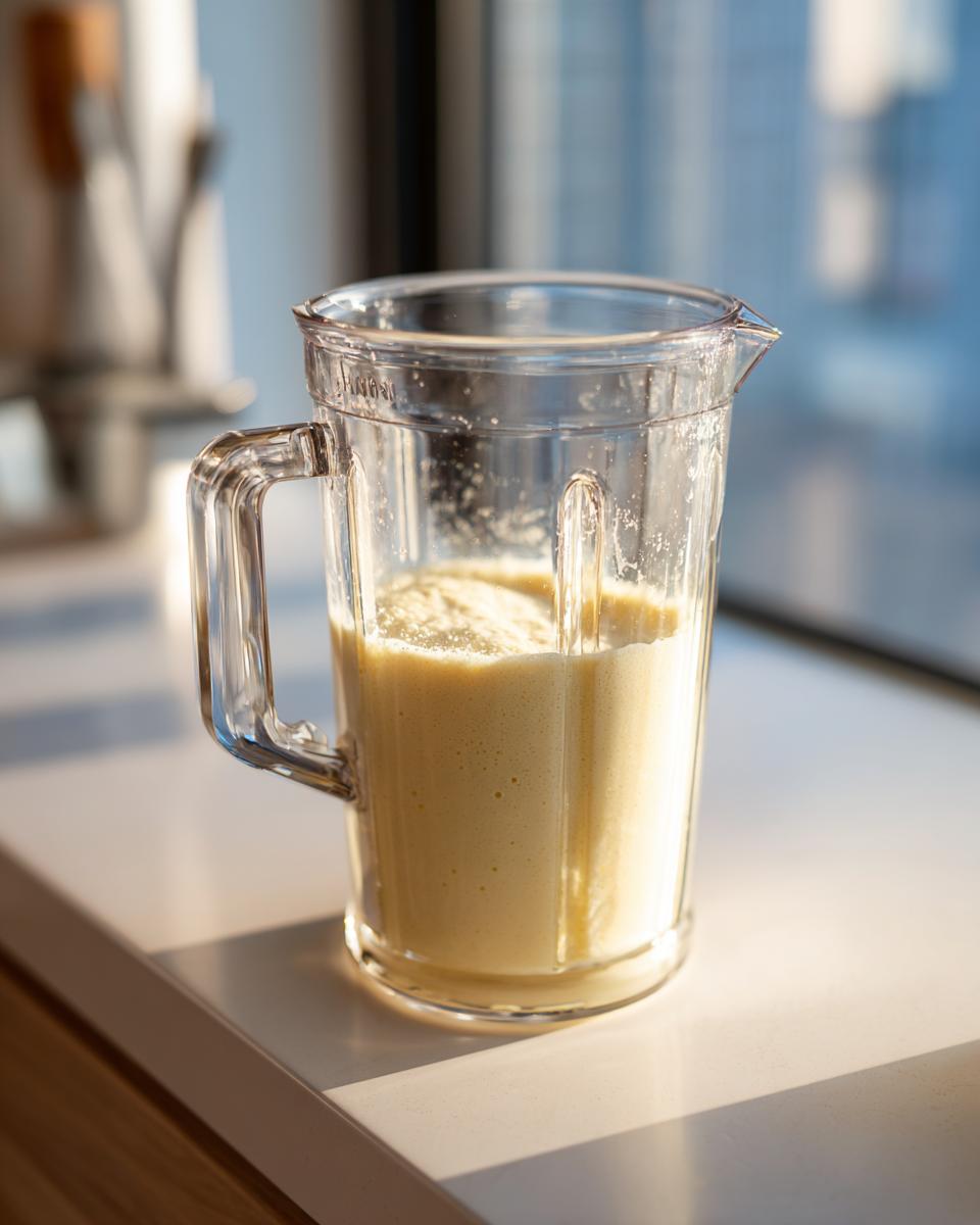 Blender pitcher containing the blended batter for cottage cheese waffles low carb recipe.