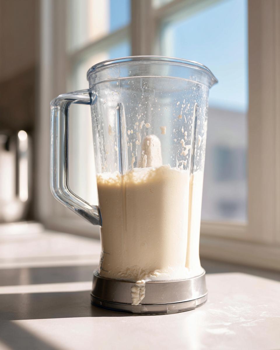 Blender jar containing smooth batter, likely for cottage cheese waffles healthy recipe, sitting on a counter near a bright window.