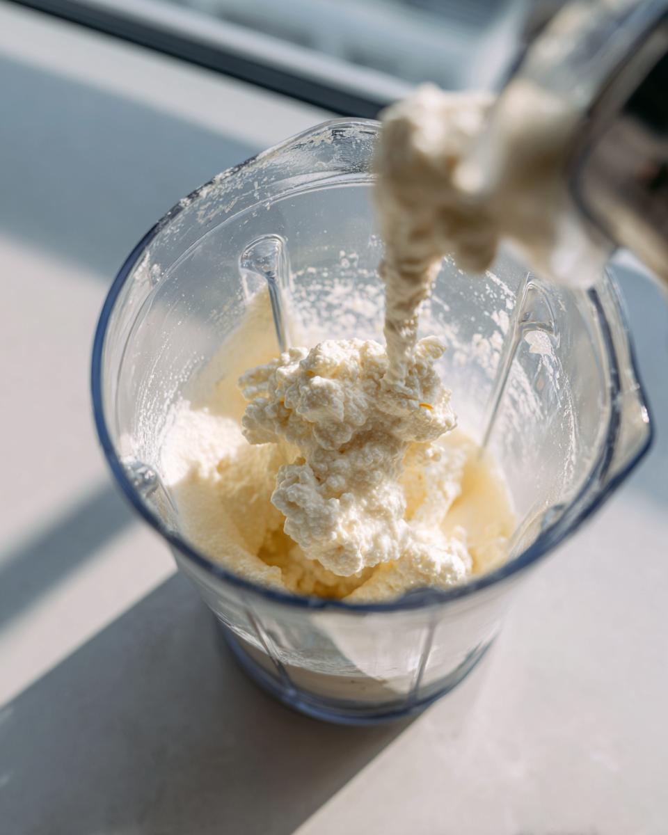 Adding cottage cheese mixture into a blender to make the batter for keto cottage cheese waffles.
