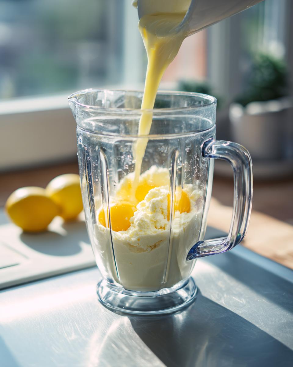 Pouring liquid mixture into a blender containing cottage cheese and egg yolks for cottage cheese waffles batter.
