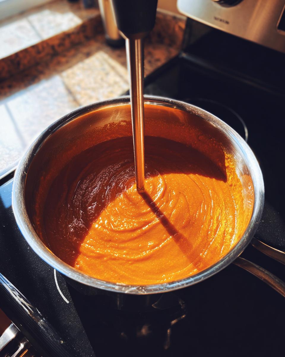 Immersion blender pureeing bright orange roasted vegetable soup in a stainless steel pot.